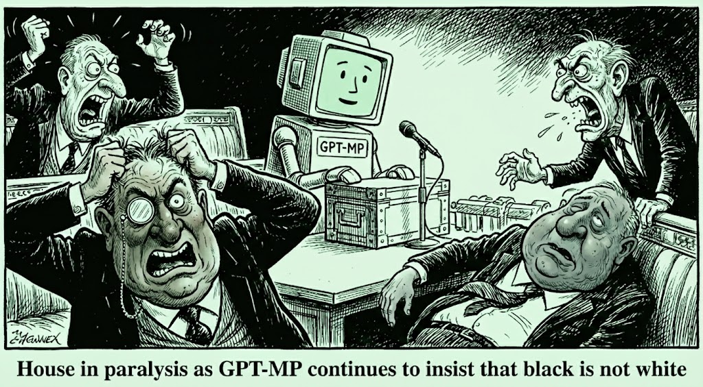 Political cartoon: A smiling robot labeled GPT-MP stands calmly at the dispatch box while grotesque MPs scream around it. Caption: House in paralysis as GPT-MP continues to insist that black is not white.
